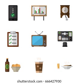 Flat Icon Oneday Set Of Bureau, Cellphone, Lunch And Other Vector Objects. Also Includes Presentation, Desk, Chips Elements.