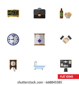 Flat Icon Oneday Set Of Bureau, Briefcase, Tub And Other Vector Objects. Also Includes Snack, Bureau, Beer Elements.