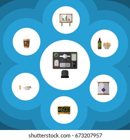 Flat Icon Oneday Set Of Cappuccino, Beer With Chips, Whiteboard And Other Vector Objects. Also Includes Time, Electric, Food Elements.
