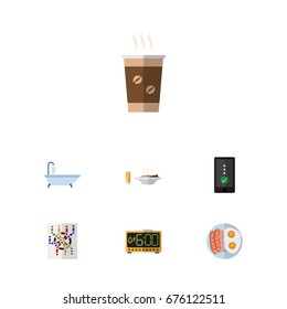 Flat Icon Oneday Set Of Cappuccino, Fried Egg, Lunch And Other Vector Objects. Also Includes Time, Sausage, Cappuccino Elements.