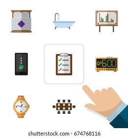 Flat Icon Oneday Set Of Cellphone, Mattress, Whiteboard And Other Vector Objects. Also Includes Tub, Cellphone, Wristwatch Elements.
