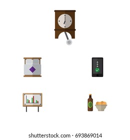 Flat Icon Oneday Set Of Clock, Whiteboard, Beer With Chips And Other Vector Objects. Also Includes Chips, Watch, Bedroom Elements.