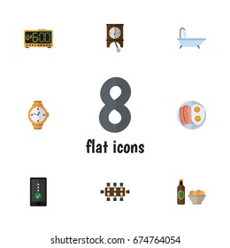 Flat Icon Oneday Set Of Electric Alarm, Fried Egg, Clock And Other Vector Objects. Also Includes Shower, Conference, Telephone Elements.