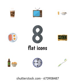 Flat Icon Oneday Set Of Fried Egg, Television, Cappuccino And Other Vector Objects. Also Includes Drink, Toothbrush, Lunch Elements.