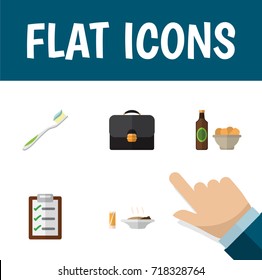 Flat Icon Oneday Set Of Lunch, Briefcase, Questionnaire And Other Vector Objects. Also Includes Food, Toothbrush, Briefcase Elements.