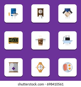 Flat Icon Oneday Set Of Mattress, Tub, Electric Alarm And Other Vector Objects. Also Includes Electric, Pendulum, Clock Elements.