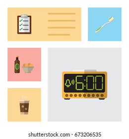 Flat Icon Oneday Set Of Questionnaire, Dental, Electric Alarm And Other Vector Objects. Also Includes Cup, Snack, Chips Elements.