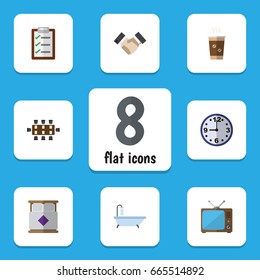 Flat Icon Oneday Set Of Television, Questionnaire, Partnership And Other Vector Objects. Also Includes Shower, Bath, Questionnaire Elements.