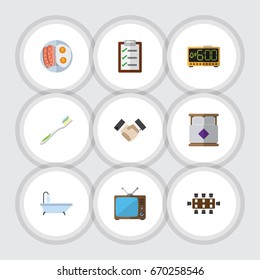 Flat Icon Oneday Set Of Television, Boardroom, Electric Alarm And Other Vector Objects. Also Includes Sausage, Breakfast, Tv Elements.