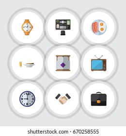 Flat Icon Oneday Set Of Television, Briefcase, Bureau And Other Vector Objects. Also Includes Food, Office, Timer Elements.