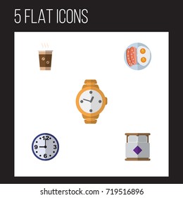 Flat Icon Oneday Set Of Watch, Fried Egg, Cappuccino And Other Vector Objects. Also Includes Timer, Wristwatch, Cappuccino Elements.
