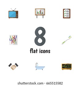 Flat Icon Oneday Set Of Whiteboard, Electric Alarm, Television And Other Vector Objects. Also Includes Electric, Handshake, Subway Elements.