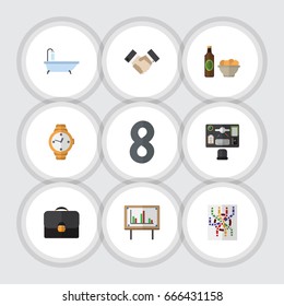 Flat Icon Oneday Set Of Whiteboard, Tub, Bureau And Other Vector Objects. Also Includes Subway, Clock, Handbag Elements.