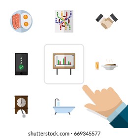 Flat Icon Oneday Set Of Whiteboard, Lunch, Fried Egg And Other Vector Objects. Also Includes Telephone, Subway, Clock Elements.