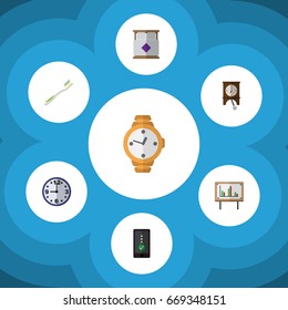 Flat Icon Oneday Set Of Whiteboard, Clock, Mattress And Other Vector Objects. Also Includes Bed, Cellphone, Dental Elements.