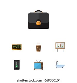 Flat Icon Oneday Set Of Whiteboard, Television, Cellphone And Other Vector Objects. Also Includes Shower, Bath, Time Elements.