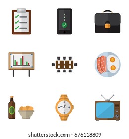 Flat Icon Oneday Set Of Whiteboard, Television, Briefcase And Other Vector Objects. Also Includes Chart, Whiteboard, Clock Elements.