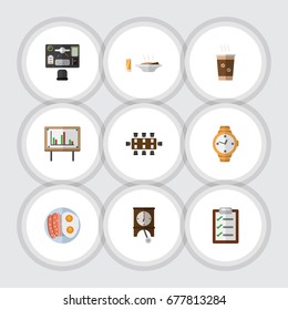 Flat Icon Oneday Set Of Whiteboard, Cappuccino, Timer And Other Vector Objects. Also Includes Drink, Watch, Conference Elements.
