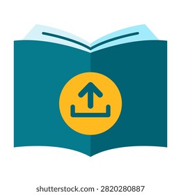 Flat icon of open book with upload symbol representing digital publishing and ebook upload