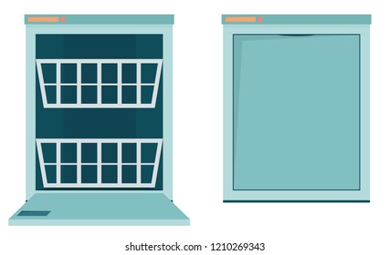 Flat icon opened dishwasher and opened dishwasher with out dishes. Vector illustration.