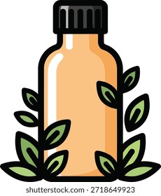 Ein flaches Symbol einer orangefarbenen Flasche mit einer schwarzen Rippenkappe, umgeben von stilisierten grünen Blättern auf weißem Hintergrund.