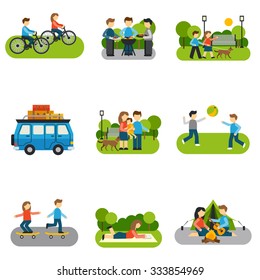 Flat icon outing with people outdoors activities isolated vector illustration