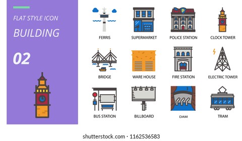 Flat icon pack building, outline style icon pack for birthday party, ferris, supermarket,police station,clock tower, bridge,ware house,fire station,electric tower,bus station,billboard