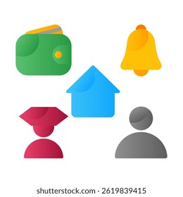 Flat Icon Pack, Education, Profile, Wallet, Home, and Notification Symbols for Mobile App UI