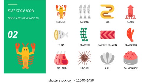 Flat icon pack for food and beverage, lobster, sardine, eel, squid, tuna, seaweed, smoked salmon, claw crab, rib lamb, urchin, shell, salmon roe.