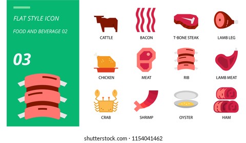Flat icon pack for food and beverage, cattle,bacon,tbone steak,lamb leg,chicken,meat,rib,lamb meat,crab,shrimp,oyster,ham.