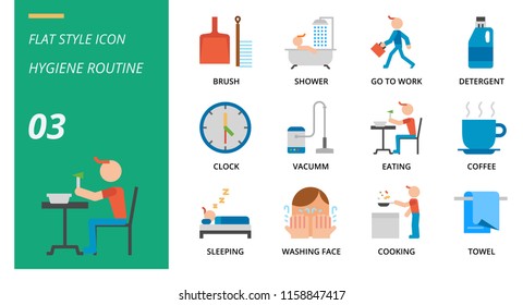 Flat icon pack for hygiene routine, brush, shower, go, to, work, detergent, clock, vacuum, eating, eating, coffee, sleeping, washing face, cooking, towel.