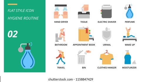 Flat icon pack for hygiene routine, hand dryer, tissue,electric shaver, perfume, bathroom, appointment book, urinal, wake up, travel, bin, clothes hanger, moisturizer.