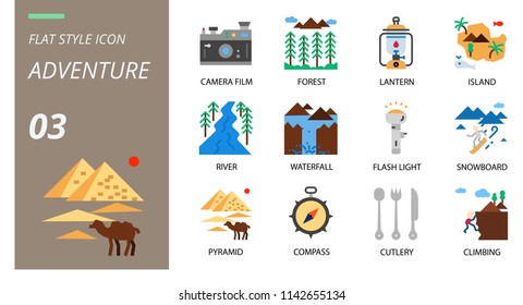 flat icon pack. Icons for adventure, camera film, forest, lantern, island, river, waterfall, flashlight ,snowboard, pyramid, compass, cutlery, climbing for websites and mobile websites and apps.