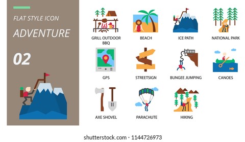 flat icon pack . Icons for adventure, grill, outdoor, beach,ice path,national park,gps,street sign,bungee jumping,canoes,axe shovel,parachute,hiking.