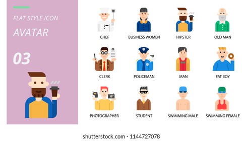 flat icon pack . Icons for avatars, chef,business women, hipster, old man, clerk, policeman, man, fat boy, photographer, student, swimming male, swimming female.