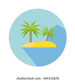 Flat Icon With Palm Tree And Island Long Shadow For Travel