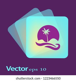 Flat icon. Palm tree on background of a large sun. Holiday, vacation on the beach. Wave and palm.