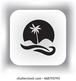 Flat icon. Palm tree on background of a large sun. Holiday, vacation on the beach. Wave and palm.