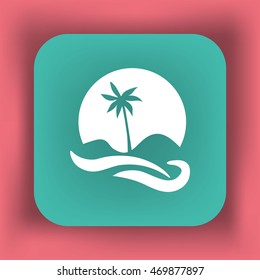 Flat icon. Palm tree on background of a large sun. Holiday, vacation on the beach. Wave and palm.