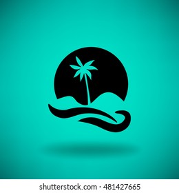 Flat icon. Palm tree on background of a large sun. Holiday, vacation on the beach. Wave and palm.