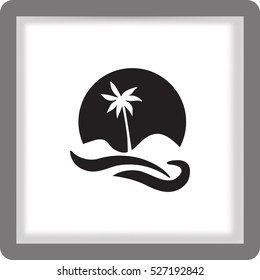 Flat icon. Palm tree on background of a large sun. Holiday, vacation on the beach. Wave and palm.