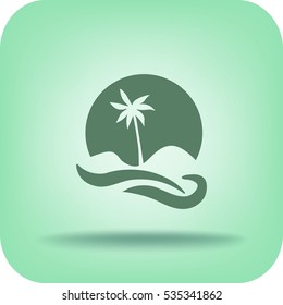 Flat icon. Palm tree on background of a large sun. Holiday, vacation on the beach. Wave and palm.