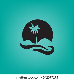 Flat icon. Palm tree on background of a large sun. Holiday, vacation on the beach. Wave and palm.