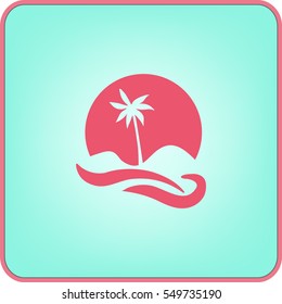Flat icon. Palm tree on background of a large sun. Holiday, vacation on the beach. Wave and palm.