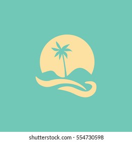 Flat icon. Palm tree on background of a large sun. Holiday, vacation on the beach. Wave and palm.