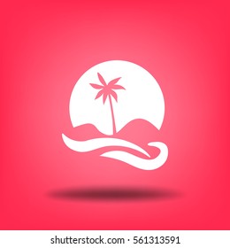 Flat icon. Palm tree on background of a large sun. Holiday, vacation on the beach. Wave and palm.