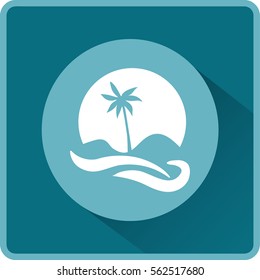 Flat icon. Palm tree on background of a large sun. Holiday, vacation on the beach. Wave and palm.