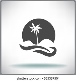 Flat icon. Palm tree on background of a large sun. Holiday, vacation on the beach. Wave and palm.