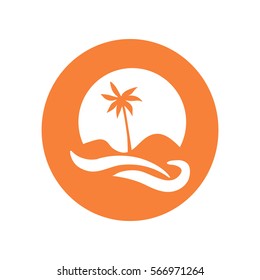 Flat icon. Palm tree on background of a large sun. Holiday, vacation on the beach. Wave and palm.