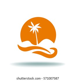 Flat icon. Palm tree on background of a large sun. Holiday, vacation on the beach. Wave and palm.